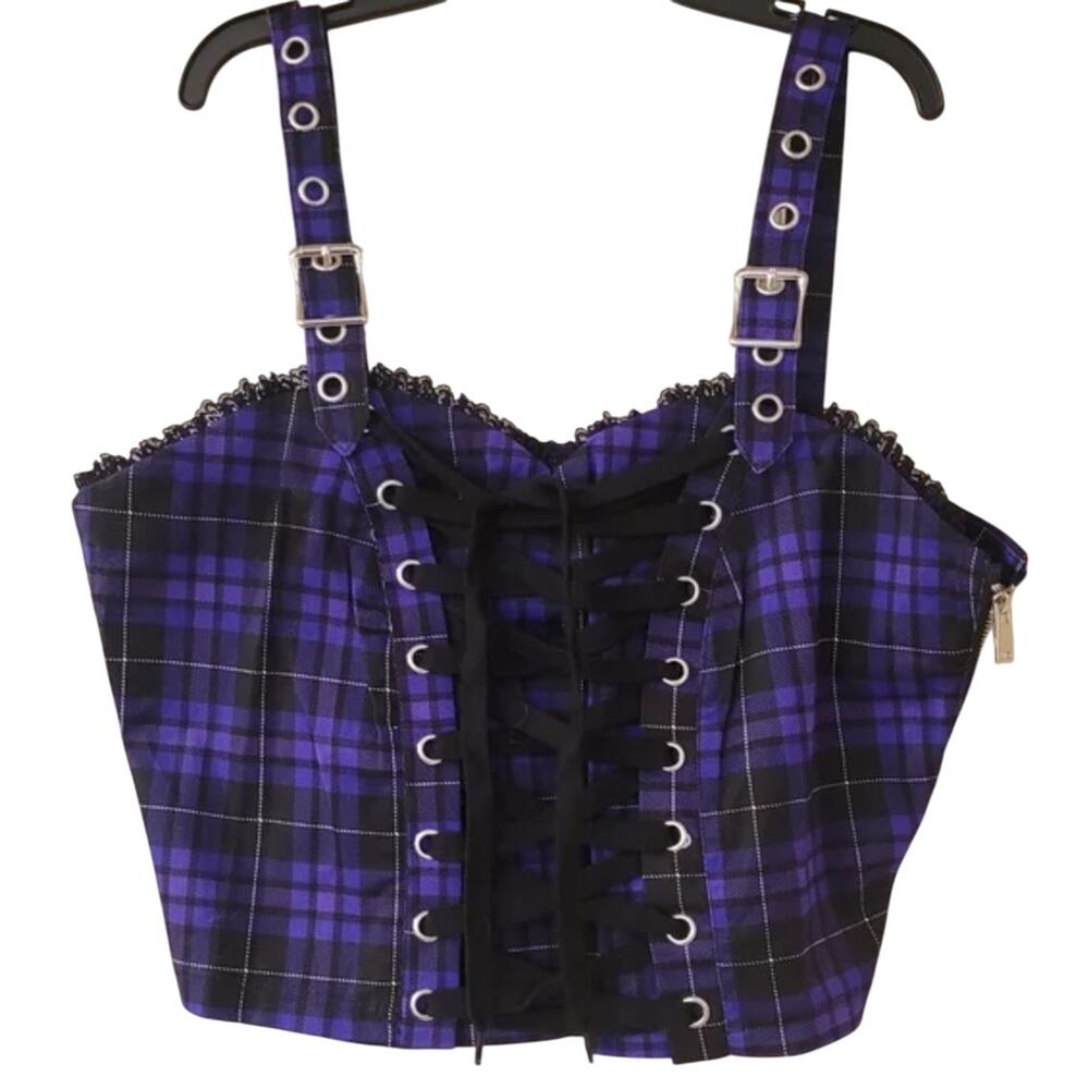 Dolls Kill Widow Plaid Top Purple Black XS NWT